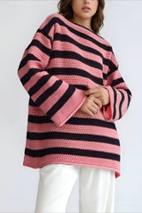 Striped Knit Casual Loose Sweater Pink / S