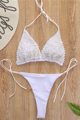 Pearl Decor Halter Triangle Lace Up Bikini Set