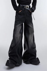 Wide Leg PU Leather Patchwork Jeans Black / M