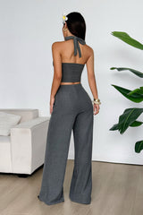 Solid Color Halter Tank Top Straight Leg Pants Set