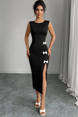 Bow Tie Slit Hem Bodycon Midi Dress