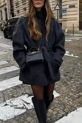 Woolen Turtleneck Belted Single-Breasted Overcoat