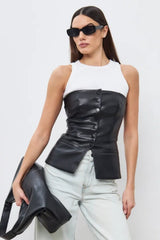 PU Leather Single Breasted Strapless Bustier Tank Top