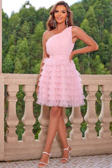 Asymmetric Strapless Tiered Tulle Ball Gown Mini Dress