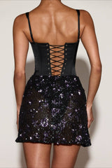 3D Floral Sequin Satin Bodycon Spaghetti Strap Mini Dress