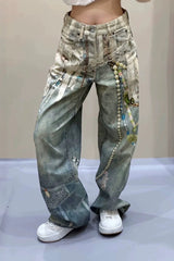 Lace Pearl Chain Printed Vintage Washed Casual Jeans
