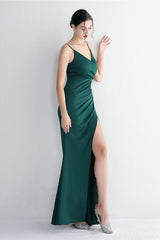 Long Satin Slit Halter Sheath Formal Dress