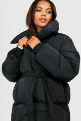 Oversized Solid Color Belted Puffer Jacket