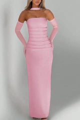 Sheer Sleeve Bustier Gown Formal Dress S / Pink