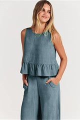 Ruffle Back Button Crop Two Piece Pants Set