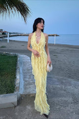 Solid Halter Deep V Back Lace Detail Long Prom Dress