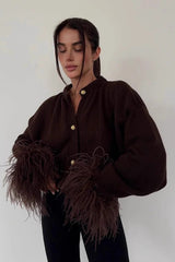 Elegant Button Solid Feather Paneled Sweater