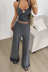 Solid Color Halter Tank Top Straight Leg Pants Set