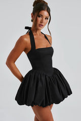 Elegant Halter Tie Bow Puffy Hem Mini Dress