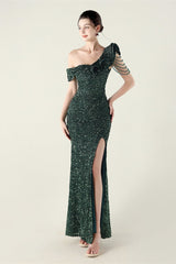 Draped One Shoulder Ruffle Formal Dress S / Green