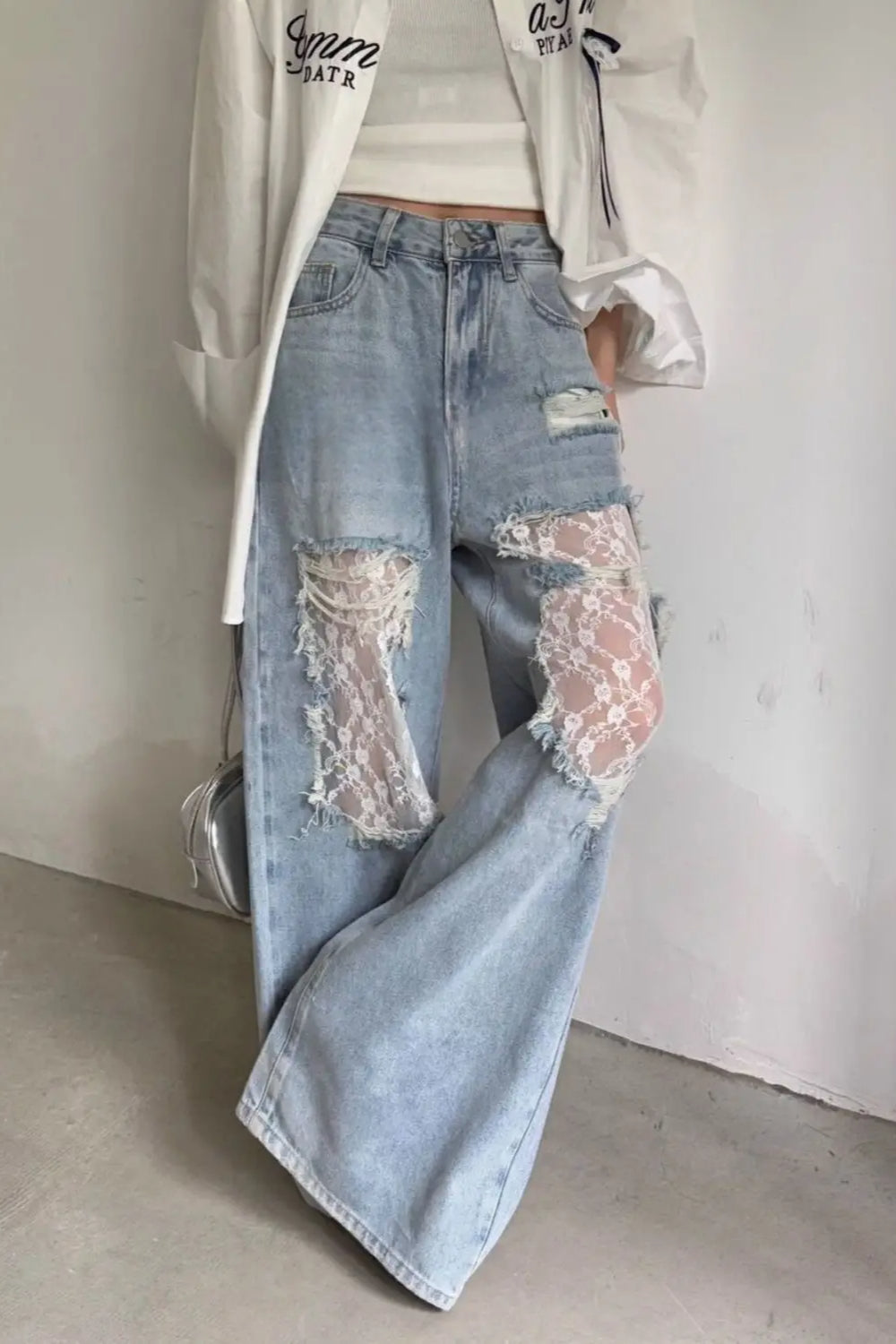 Lace Patchwork Ripped Loose Jeans Light Blue / S