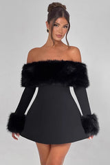 Faux Fur Collar Off Shoulder Bodycon Dress