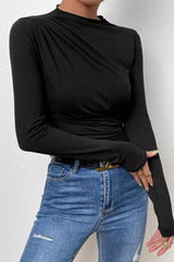 Solid Ruched Slim Fit Long Sleeve Tee