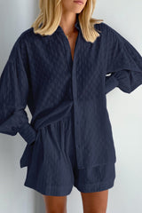 Textured Bubble Sleeve Blouse Casual Shorts Set