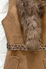 Faux Fur Sleeveless Embellished Midi Dress