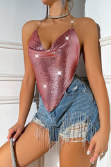 Metal Chain Backless Sequin Bustier Tank Top