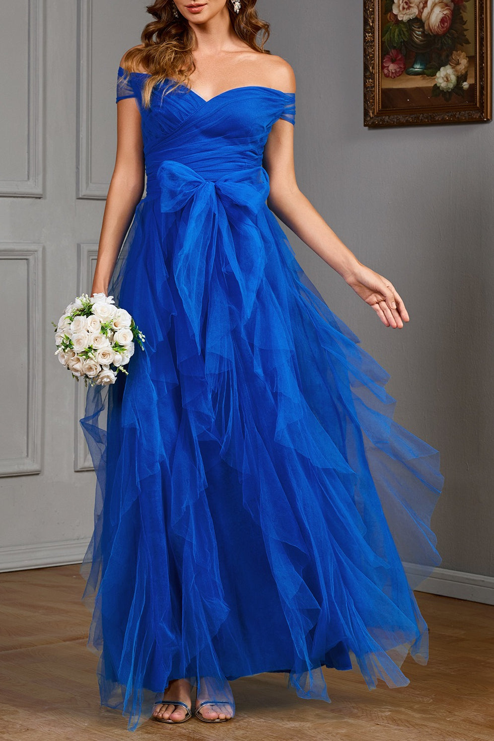 Solid Off Shoulder Tulle Gown Formal Dress