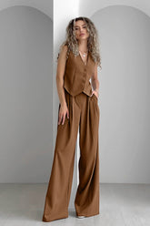 Brown Striped Two Piece Vest Pants Set