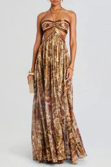 Strapless Lace Up Pleated Boho Dress