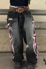 Gothic Print Wide Leg Jeans