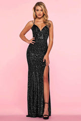 Sequin Backless Slit Maxi Formal Dress S / Black