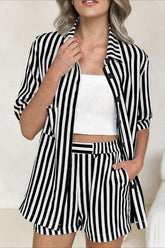 Button Down Striped Short Sleeve Blouse Shorts Set