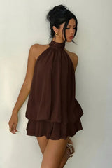 Sexy Backless Halter Tie Waist Slim Fit Ruffled Mini Dress