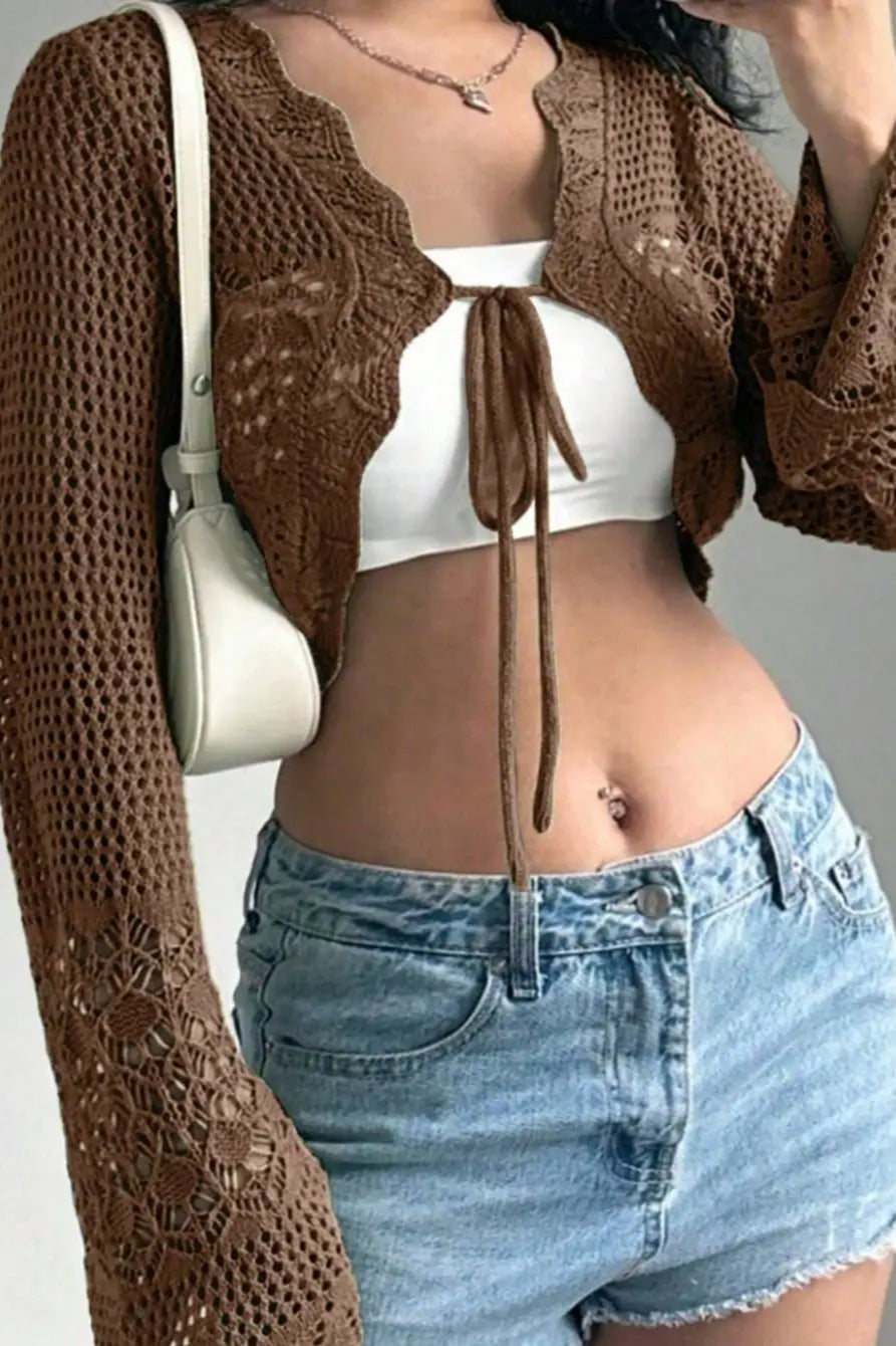 Korejpaa Y2k Clothes Ropa De Mujer Brown Hollowed Out Knitted Cardigan