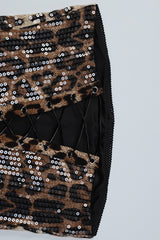 Leopard Print Lace Up Corset Sequin Midi Skirt Set
