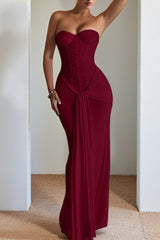 Ribbon Strapless Corset Maxi Evening Prom Dress
