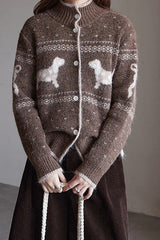Vintage Stand Collar Puppy Print Jacquard Sweater