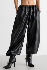 Drawstring Cuff PU Leather Relaxed Pants