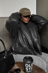 Faux Leather Stand Collar Cropped Puffer Jacket