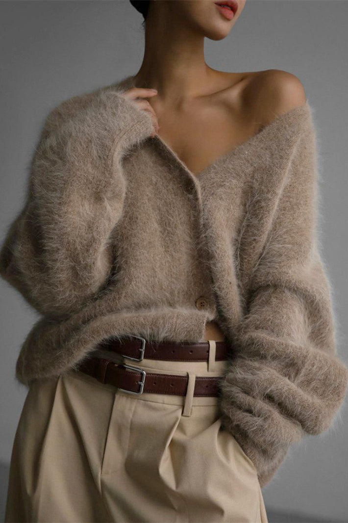 V Neck Fluffy Knit Cardigan Sweater