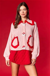 Christmas Cute Doll Collar Ruffle Casual Sweater Pink / S