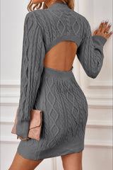 Long Sleeve Cable Knit Backless Sweater Dress S / Grey