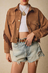 Fringe Trim Drop Shoulder Casual Jacket Brown / S