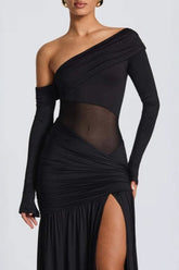 Sheer Pleated Off Shoulder Party Dress
