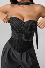 Stripe Lace Trim Backless Corset Crop Top