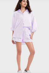 Striped Lapel Long Sleeve Blouse Shorts Set