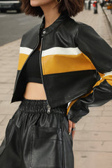 Colorblock PU Cropped Jacket