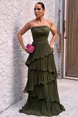 Solid Ruched Tiered Strapless Slim Fit Elegant Prom Dress