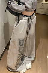 Letter Print Tie Wide Leg Casual Sweat Pants