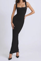 Lace Trim Strapless Bodycon Maxi Dress