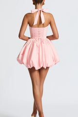 Elegant Halter Tie Bow Puffy Hem Mini Dress